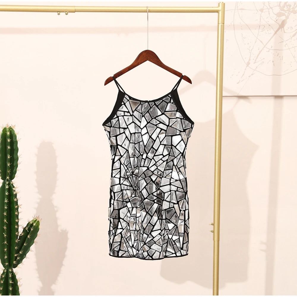 Women Shiny Metallic Sequin Dress - Sleeveless Bodycon Mini Party