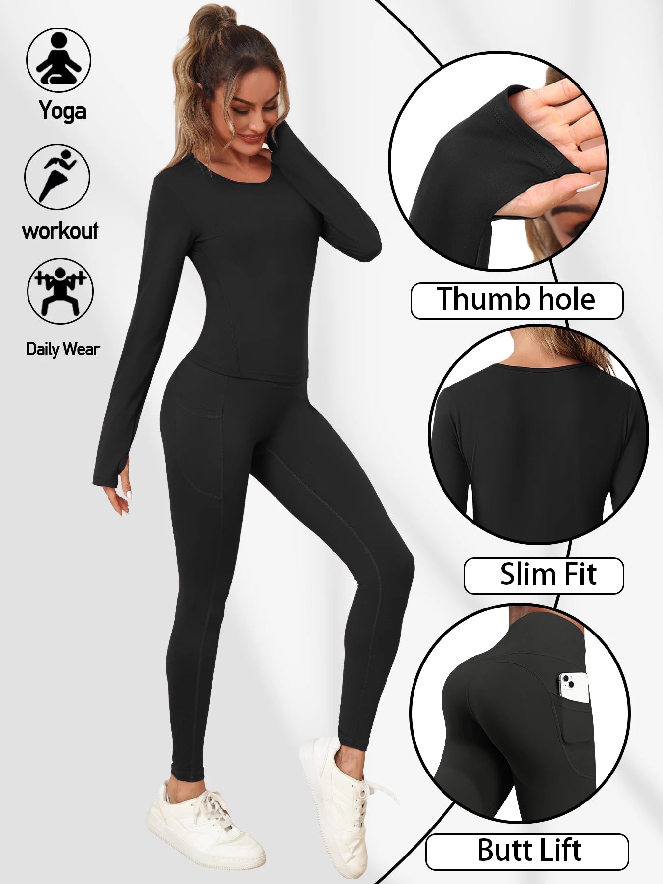 Women's Yoga Set Solid Color Round Neck Long Sleeve Sports Top Butt-Lifting Tummy-Control Pocket Leggings Outdoor Workout Set