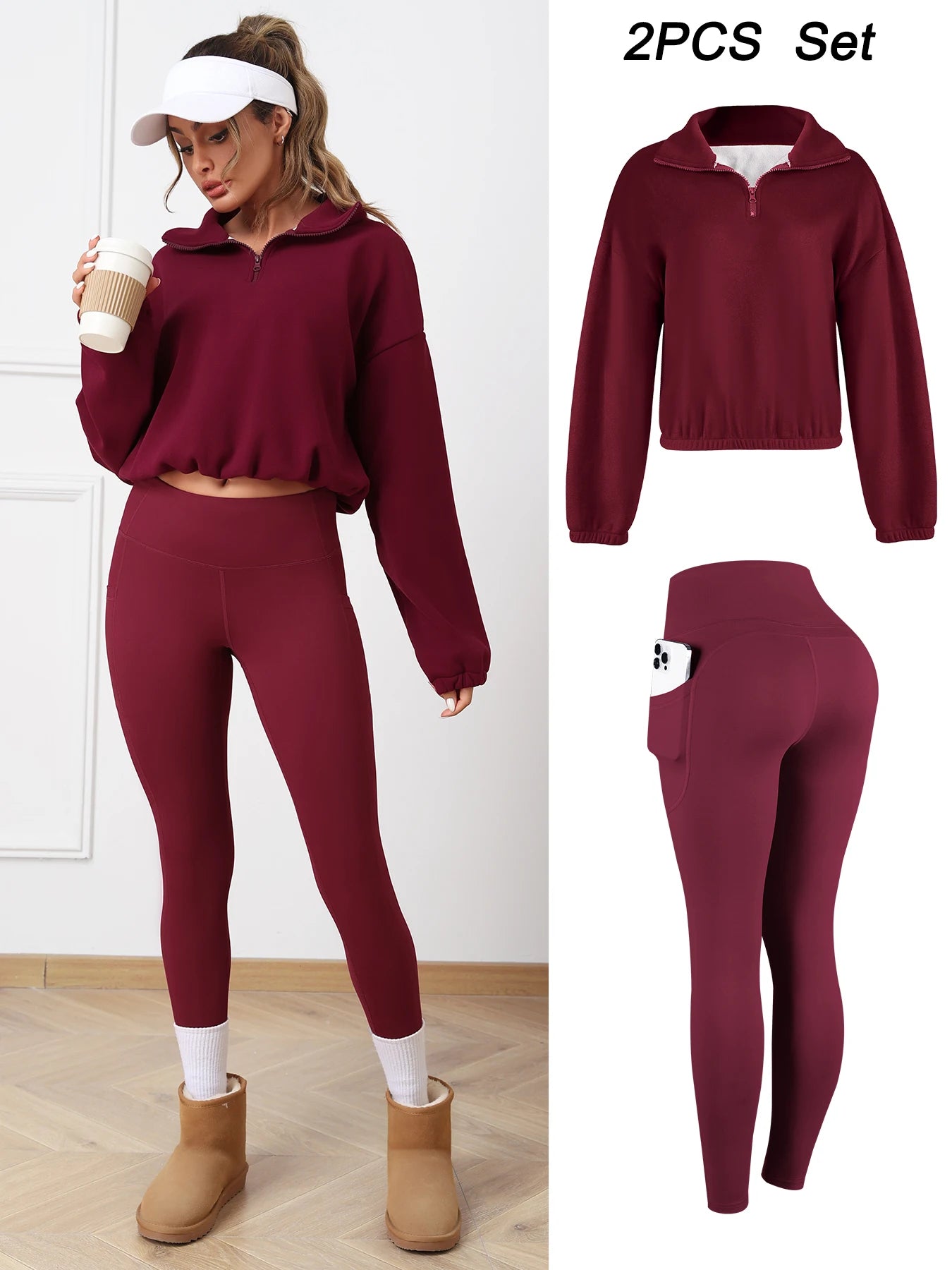 2PCS Thermal Yoga Set Fleece Fintness Suit Women's Sports Set  Fleece Pullover Sweatshirt with Non-fleece-lined  Leggings
