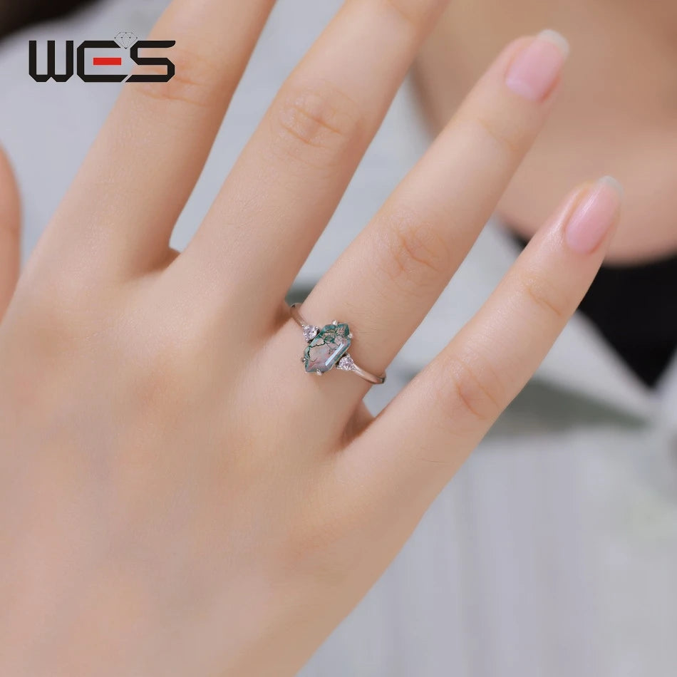 WES 925 Sterling Silver Open Ring for Woman Classic Unique Green Moss Agate Crystal Ring Engagement Gift Wholesale Oval Cut