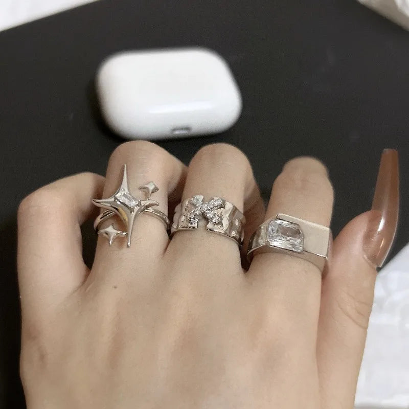 3pcs Cold Wind Starlight Inlaid Zircon Open Ring Set Handicraft, Soul Collision Trendy Jewelry Accessories 2024