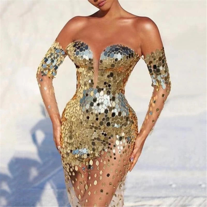 Long Sleeve Glitter Sequined Dress - Mesh Bodycon Evening Dress