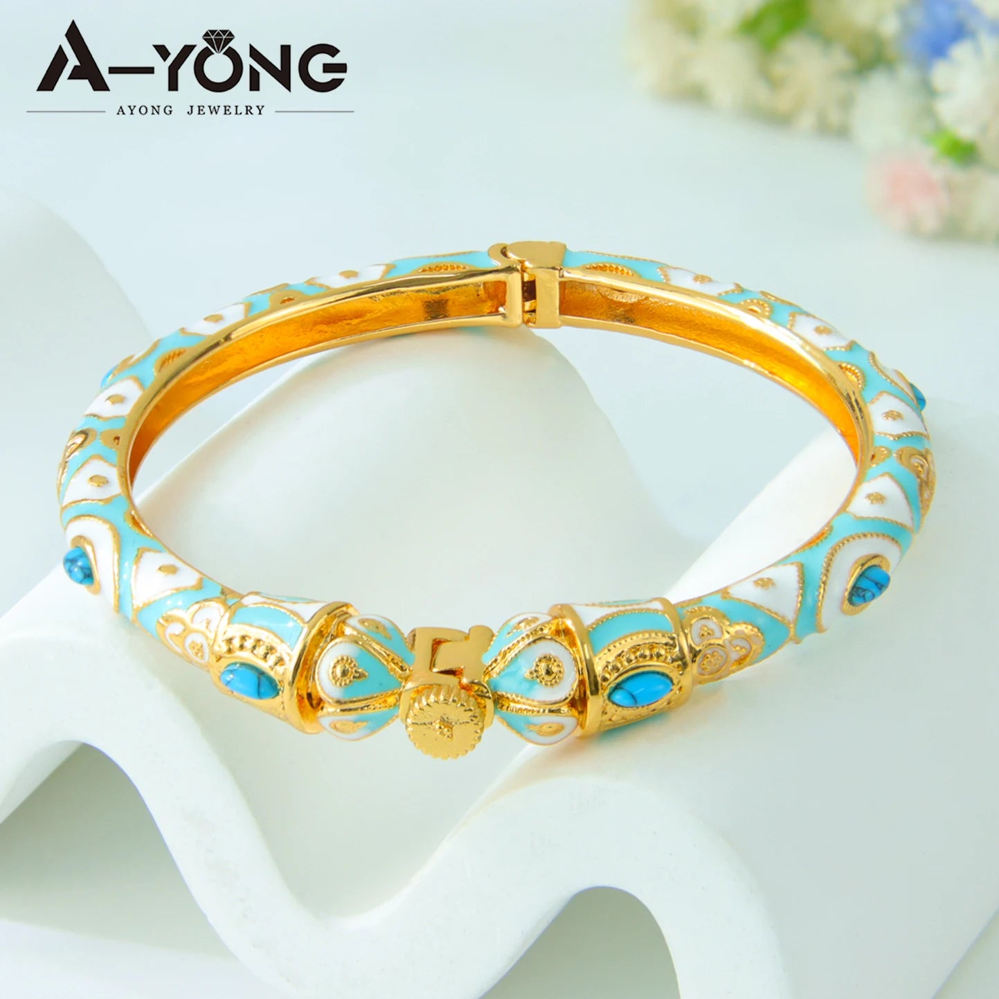 Ethiopia Classic Turquoise Bracelet 21k Gold Plated Dubai Charm Opening Bangles Oman Women Bridal Wedding Party Jewelry