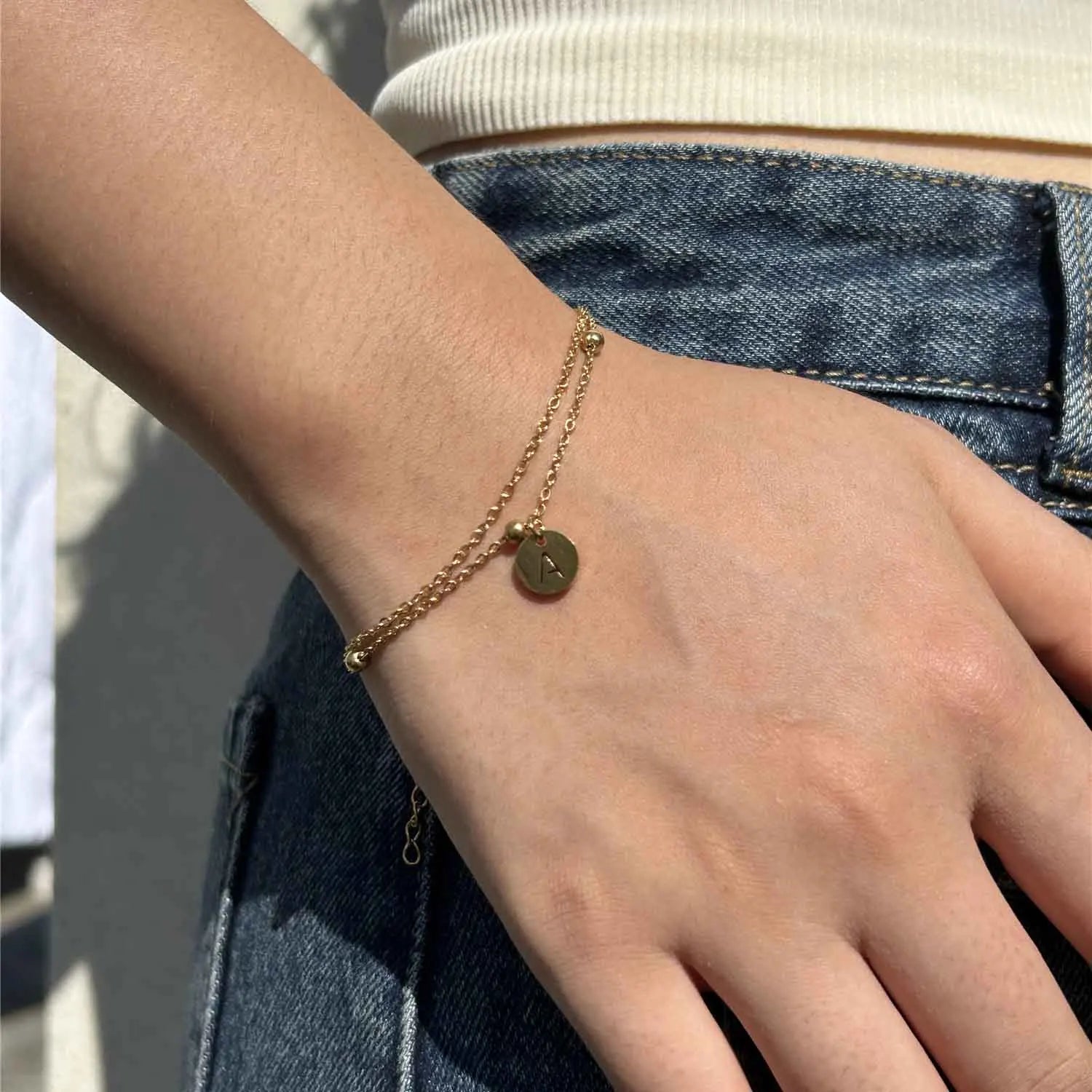 Minimalist Design Stainless Steel Disc Coin Letter Initial Bracelets For Women Multilayer Chain Alphabet Charm Bracelet Jewelry