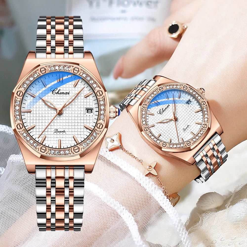 CHENXI Quartz Movement Woman Watch Simple Elegant Luxury Rose Gold Steel and Leather Strap Waterproof Ladies Dress Wristwatch