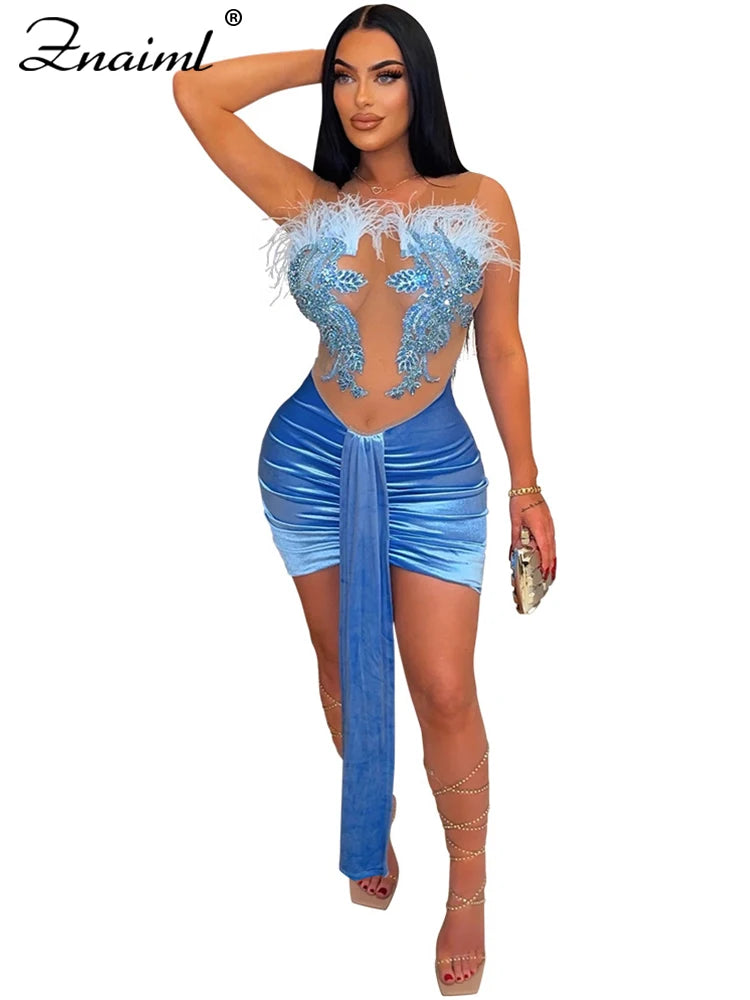 Znaiml Night Party Evening Ruched Patchwork Velvet Bodycon Mini Dress Women Embroidery Feathers Mesh See-through Birthday Robe