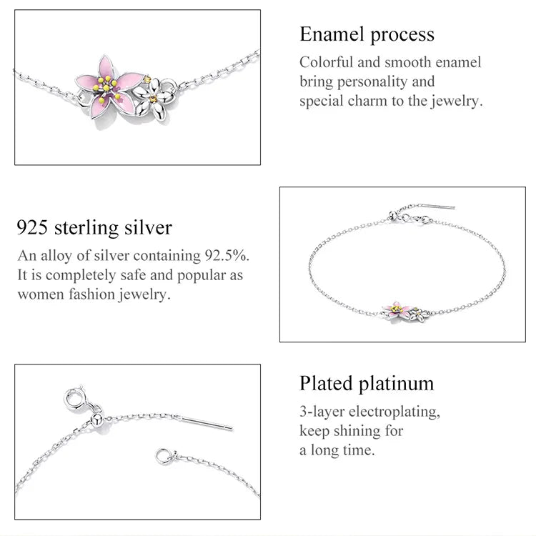 WOSTU 925 Sterling Silver Original Pink Sakura Bracelet Adjustable MINI Bracelet Chain Link Fit MINI Pendant Fashion Jewelry