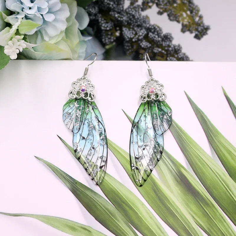Handmade Fairy Simulation Wing Earrings Insect Butterfly Wing Drop Earrings Foil Rhinestone Earrings Romantic Bridal Jewelry