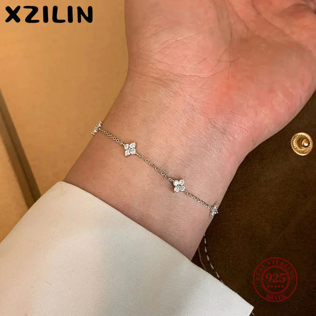 S925 Sterling Silver Zircon Flower Bracelet - 18K Gold Korean Design