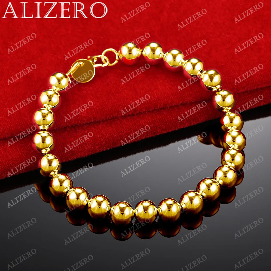 ALIZERO 18K Gold Bracelet 4/6/8/10/14MM Smooth Beads Ball Chain Bracelets For Woman Men Fashion Wedding Party Gift Fine Jewelry