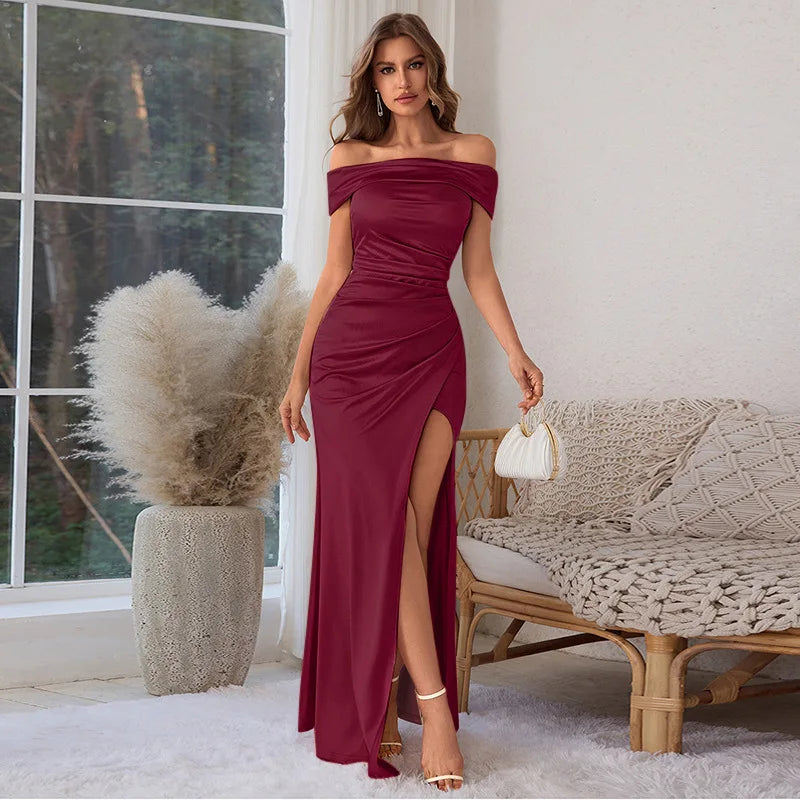 Sexy Satin Halter Dress - Ruched Slit Long Evening Gown