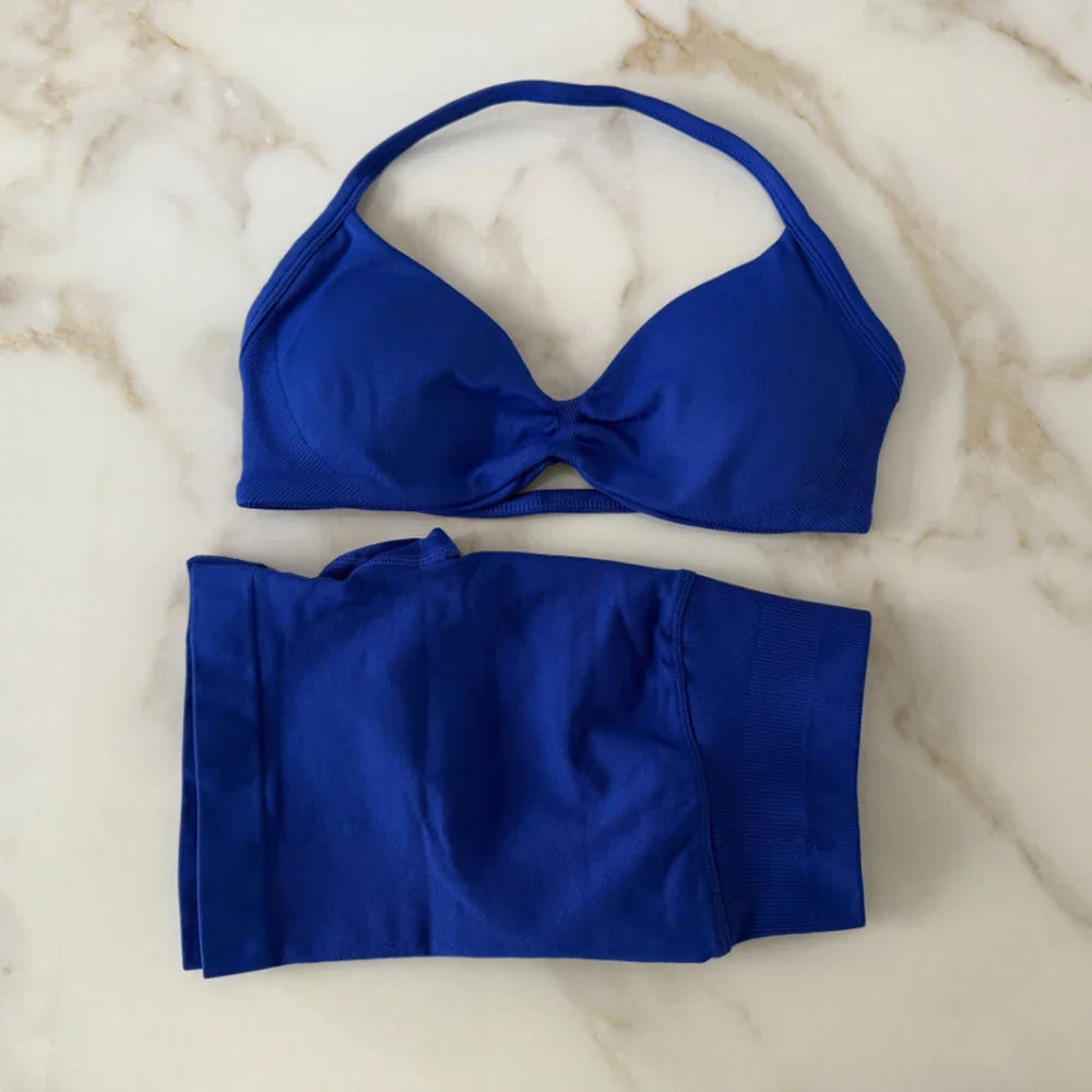 Seamless Sportswear Workout Set Women Two Piece Strappy Yoga Bra Top Scrunch Shorts Gym Clothes