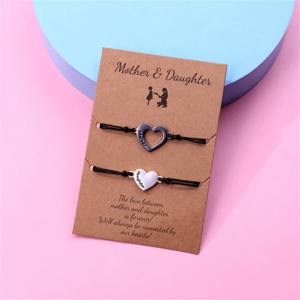 2Pcs Mother and Daughter Hollow Heart Braided Bracelet Adjustable Love Wrist Rope Bangle DIY Jewelry Accessories Festival Gifts