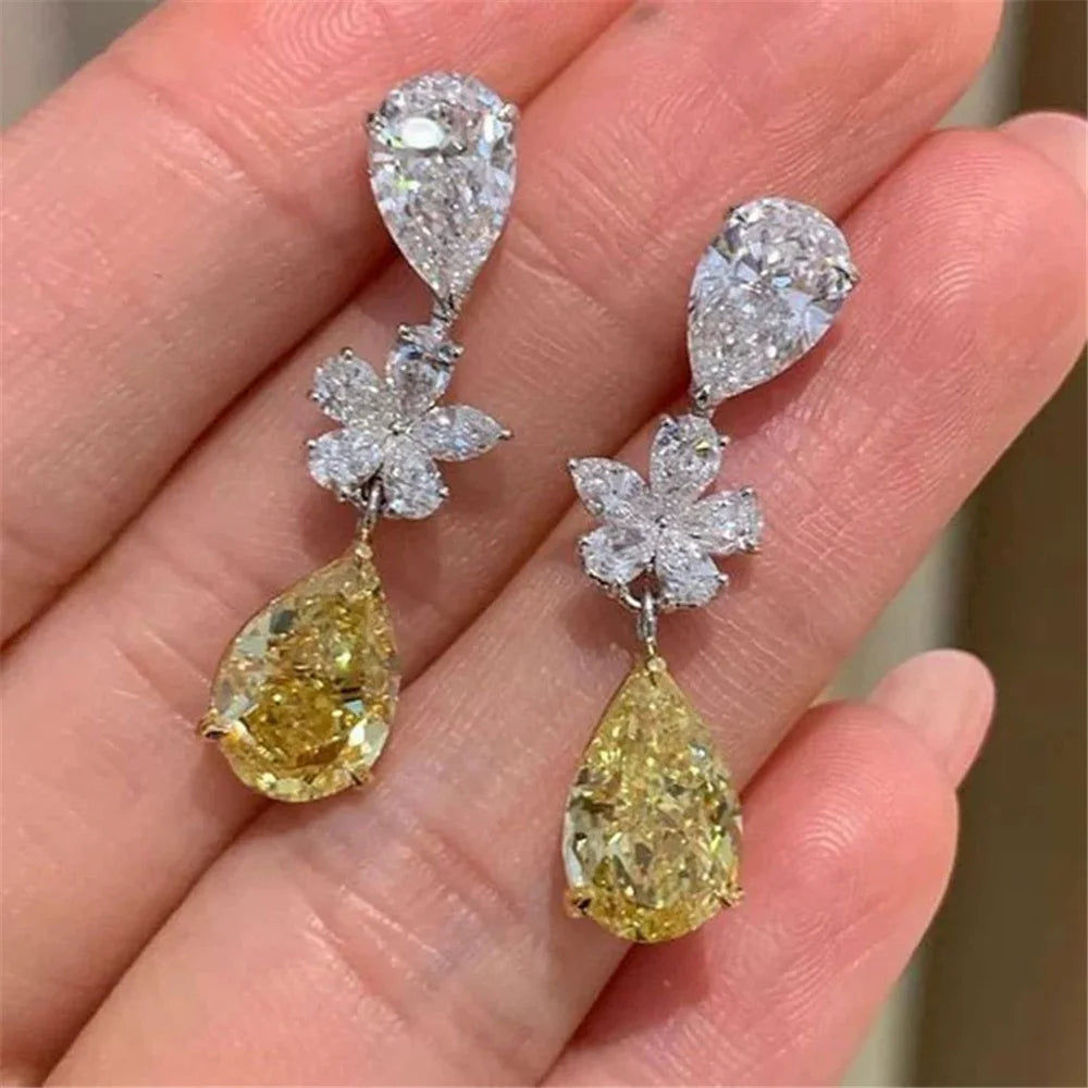 Female White Yellow Zircon Stone Flower Water Drop Earrings Cute Trendy Bridal Silver Color Dangle Wedding Jewelry For Women