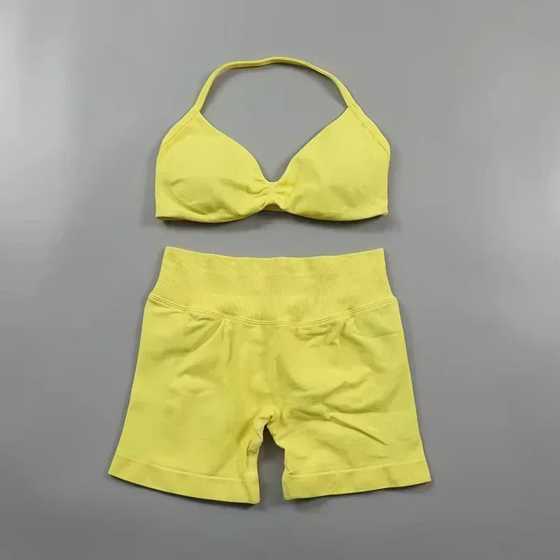 Seamless Sportswear Workout Set Women Two Piece Strappy Yoga Bra Top Scrunch Shorts Gym Clothes