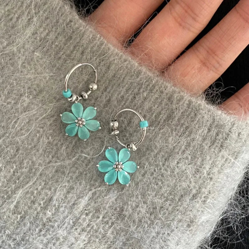 French Fresh Sweet Mint Colored Flower Hoop Earrings For Women Fashionsimple Metal Jewelry Summer Daily Earrings Gifts