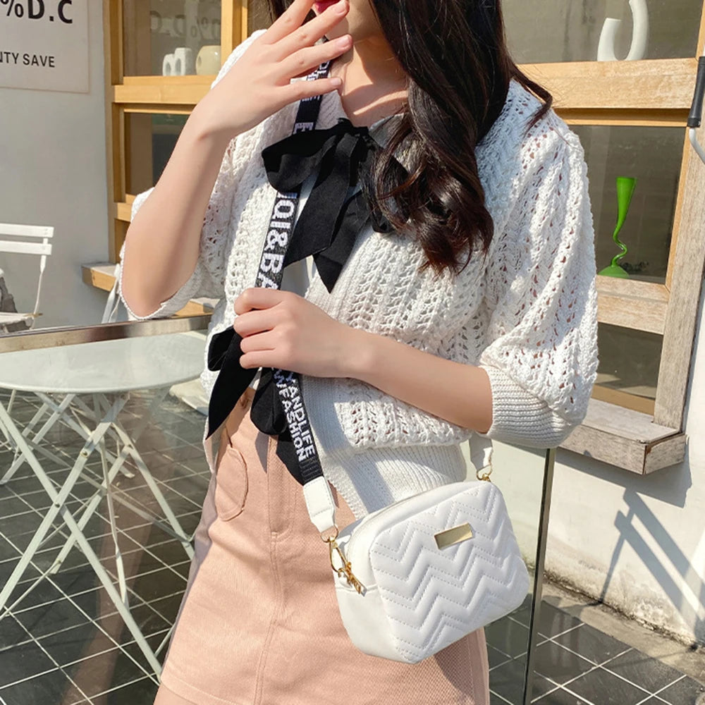 Fashion Wave Pattern Women Shoulder Bag Solid Color Crossbody Bag PU Leather Wide Shoulder Strap Bag Purse Female Handbags