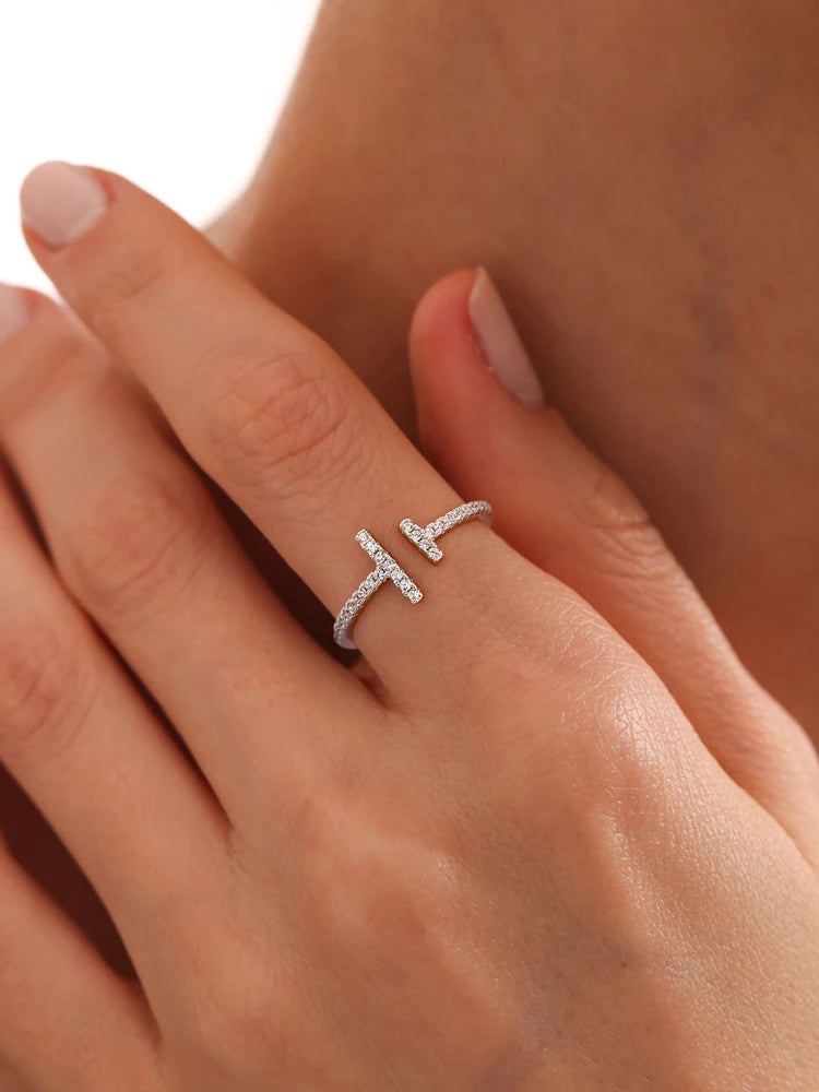 925 Sterling Silver Simple Shiny Parallel Length Adjustable Zircon Ring For Women Engagement Luxury High Quality Fine Jewelry