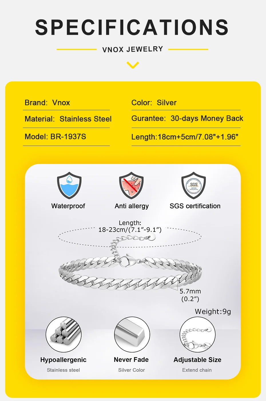 Vnox Waterproof Cuban Chain Bracelets for Men Women, Never Fade Simple Stainless Steel Flat Miami Curb Link Chain Wristband