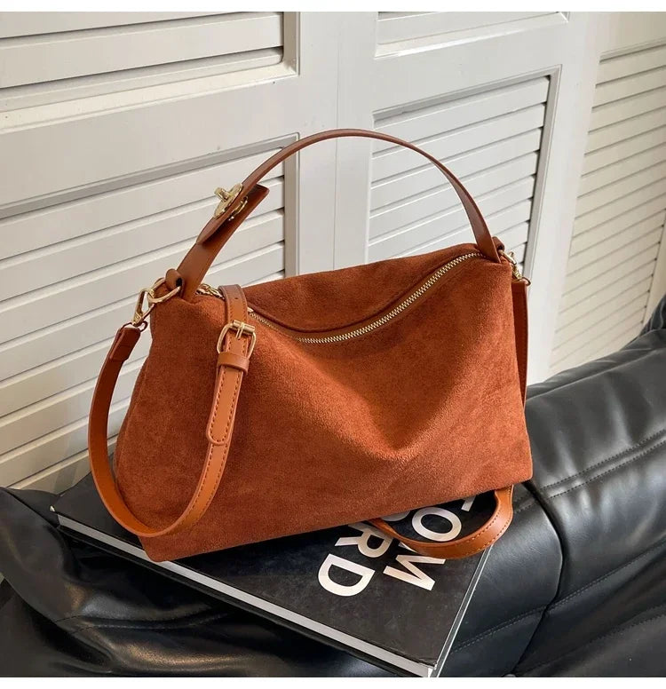 New Solid Color PU Zipper Women's Bag Suede Large Capacity Women's Shoulder Bag Fashion Versatile Casual Dual Purpose Handbag