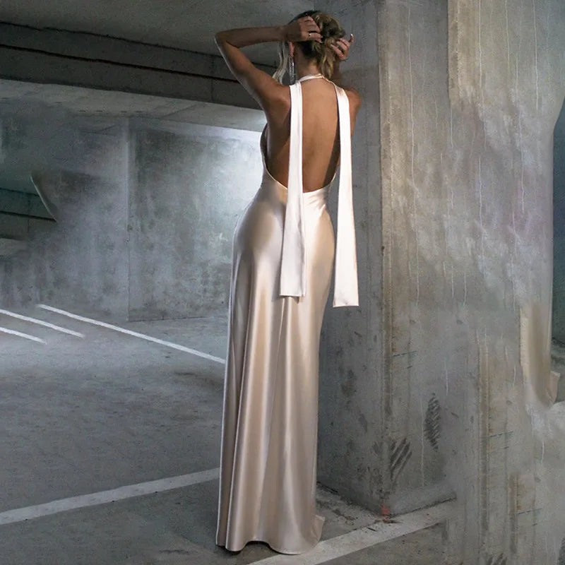 Sexy Satin Halter Dress - Ruched Slit Long Evening Gown