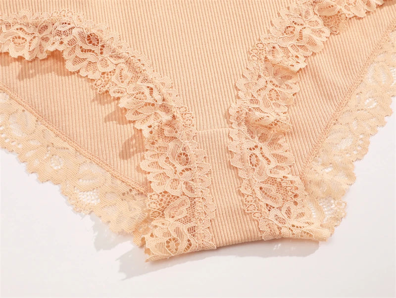 3PCS/Set Cotton Lace Underwear for Women Sexy Ribbed Floral Panties Comfortable Low-Waist Briefs Female Solid Comfort Lingerie