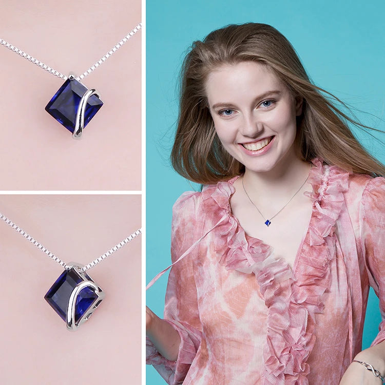 JewelryPalace 3.3ct Square Created Blue Sapphire 925 Sterling Silver Pendant Necklace for Women Gemstone Fine Jewerly No Chain
