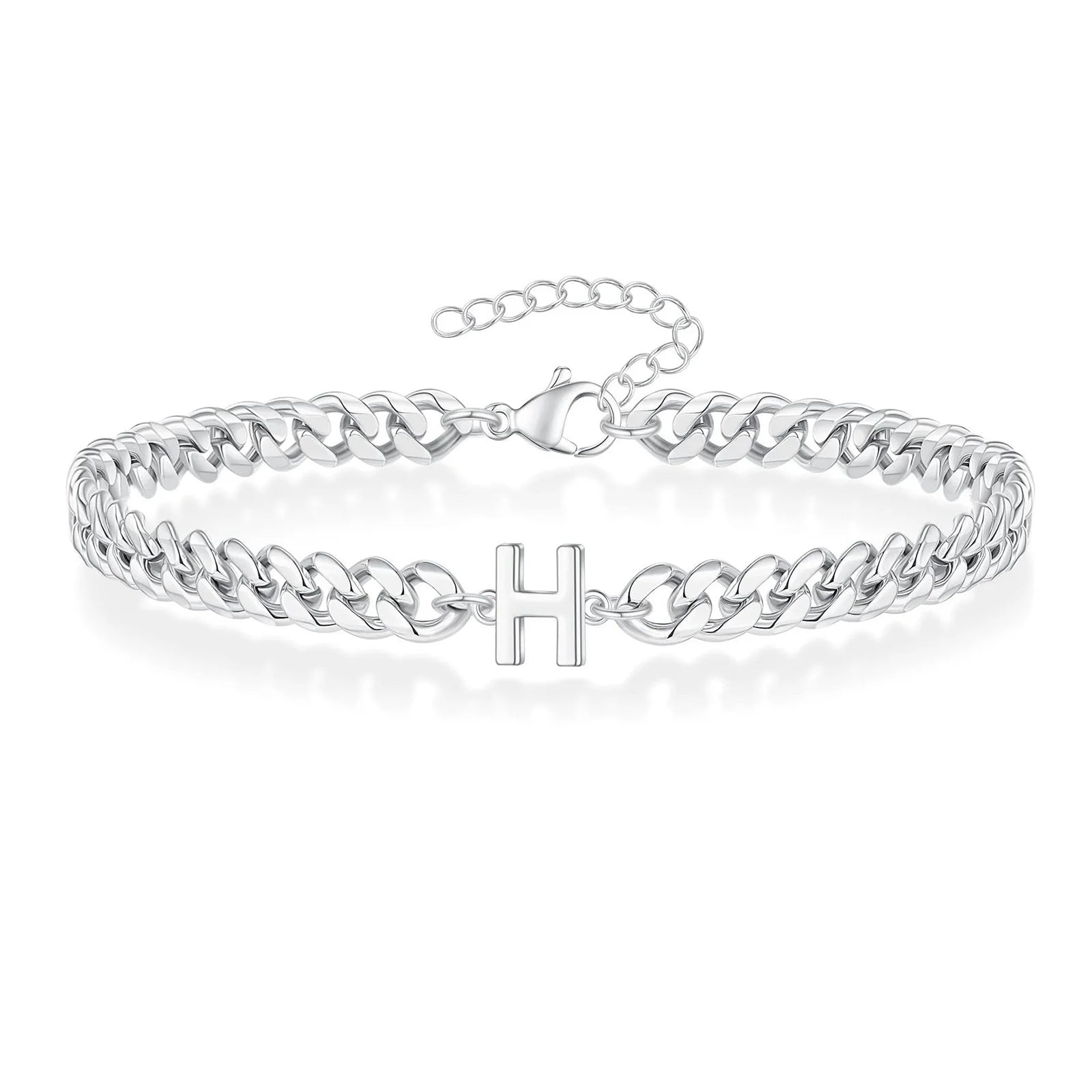 Vnox A-Z Initial Cuban Chain Bracelets for Men Women, Silver Color Stainless Steel Curb Links, Letters Name Charm Bracelet Gift
