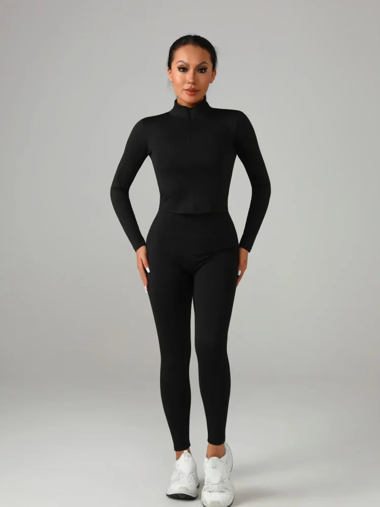 Women's Solid Color Sports Set Long - Sleeve Top + Pants Yoga Fitness Outfit Breathable Quick - Dry Tracksuit