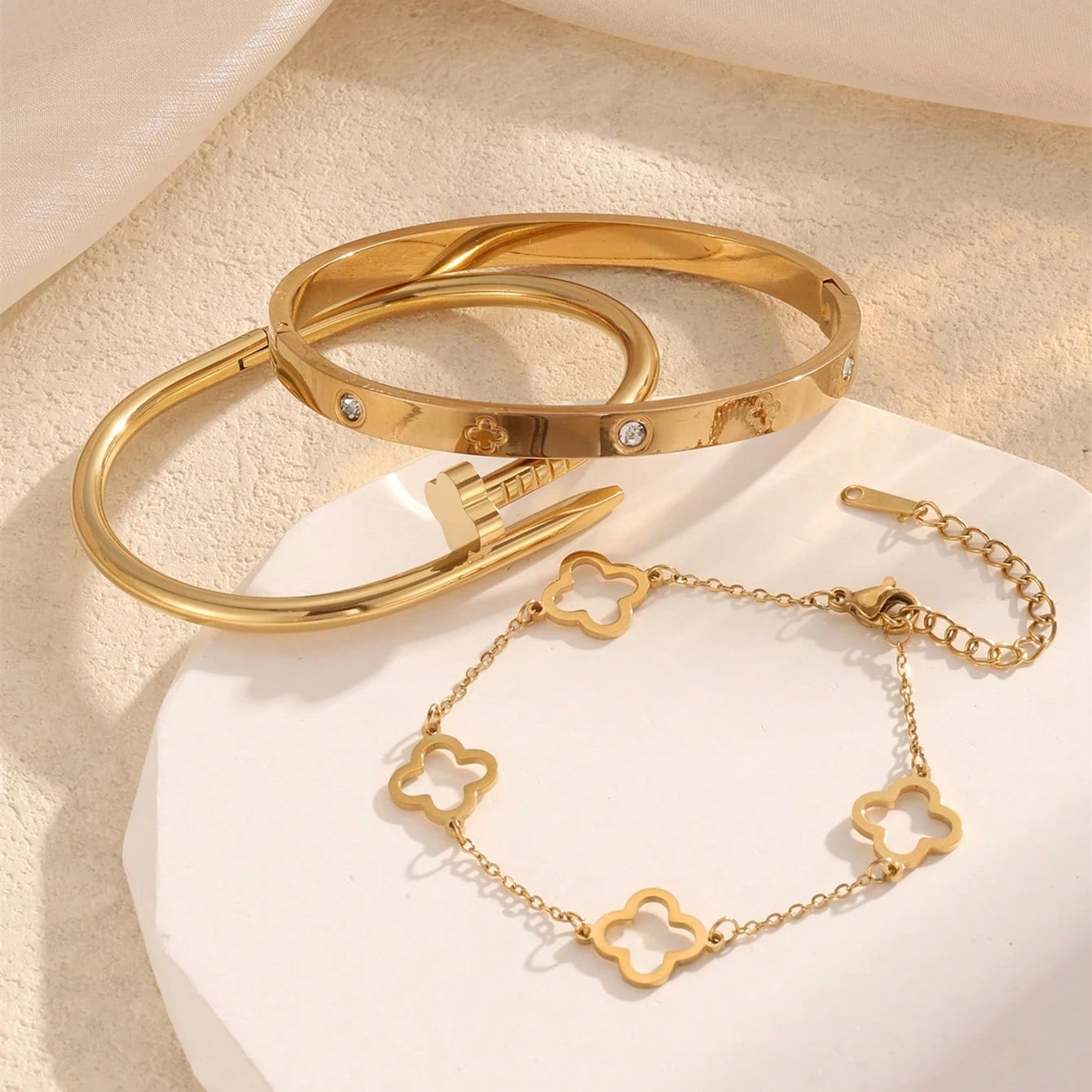 3PCS French Lucky Clover Women's Bracelet Set High Quality Stainless Steel INS Hot Selling Bracelet Charm Feeling Jewelry Gift