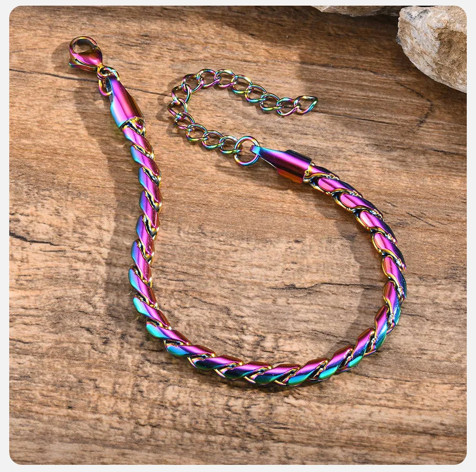 Vnox Colored Stainless Steel Handmade Snake Chain Bracelets for Men Boys,Adjustable Simple Metal Link Wristband, Hippie Jewelry