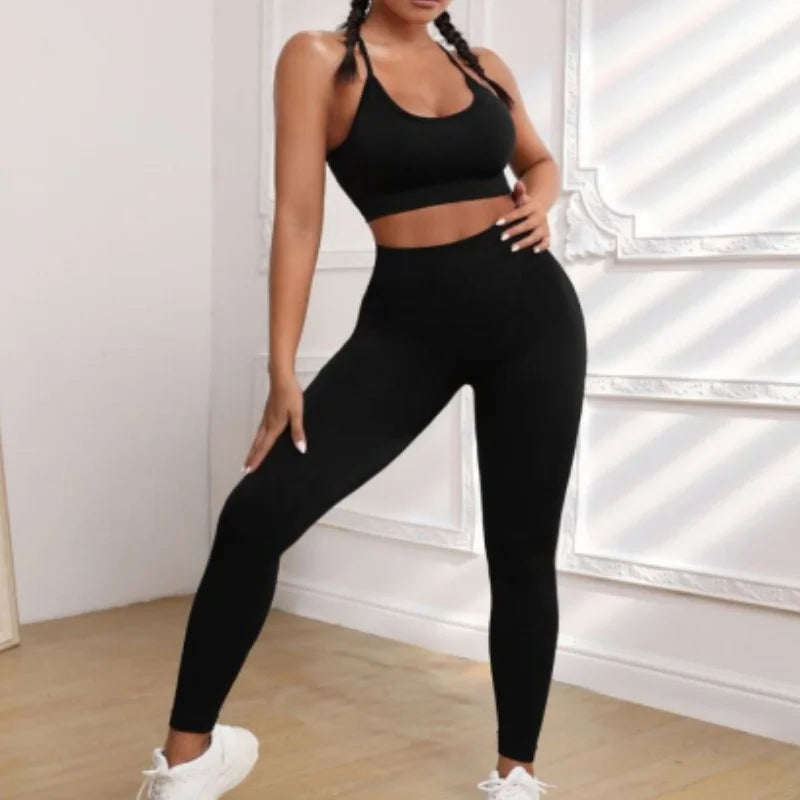 Removable-Padded Backless Crop Top And High-Waisted Yoga Pants Running Set Peach Design Fitness Outfit for Women
