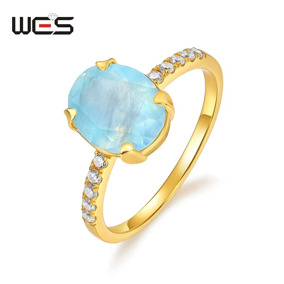 WES Oval Natural Birthstone Moonstone Promise Ring for Woman Aquamarine Moss Agate 925 Silver Jewelry Birthday Gift With Box