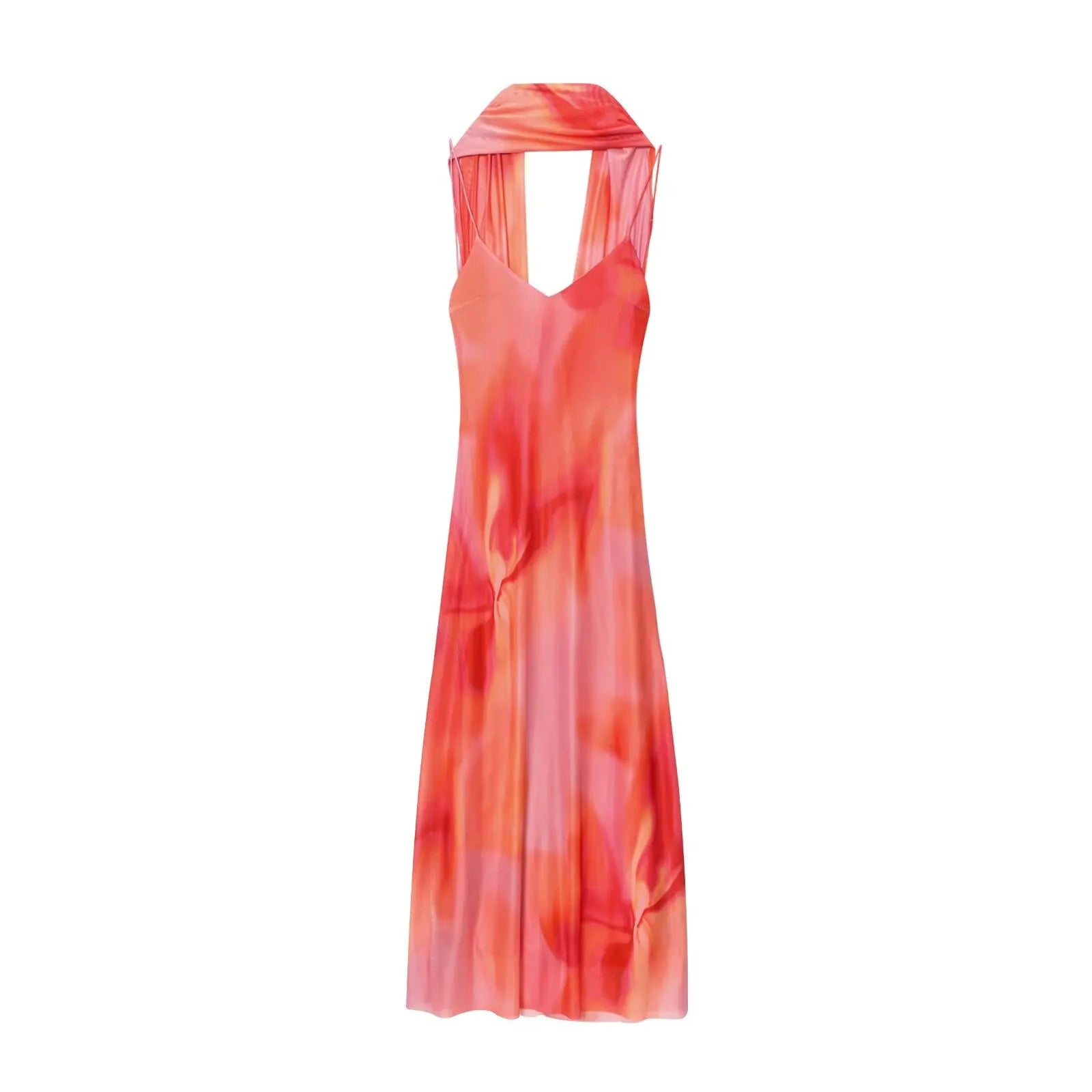 UNIZERA Scarf Printed Backless Long Dress 2025 Summer New Arrivals Women's Wear Elegant Satin Textured Dress