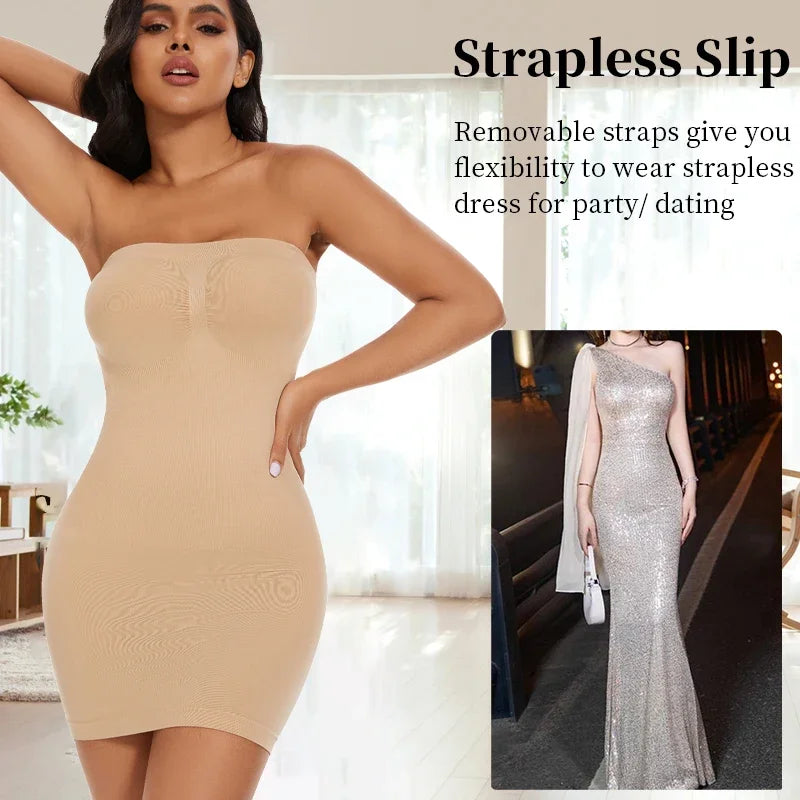 Full Slip Shapewear - Off Shoulder Strapless Body Shaper Dress