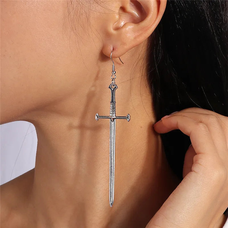 Aihua Gothic Vintage Sword Earrings For Women Man Fashion Punk Rock Party Jewelry Accessories Gift Fantasy Cross Dagger Earrings