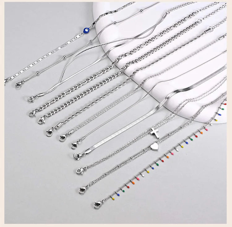 Silver Color Anklet Bracelets for Women Waterproof, Stainless Steel Layered Cuban Chain Herringbone Anklets Summer Beach Gift