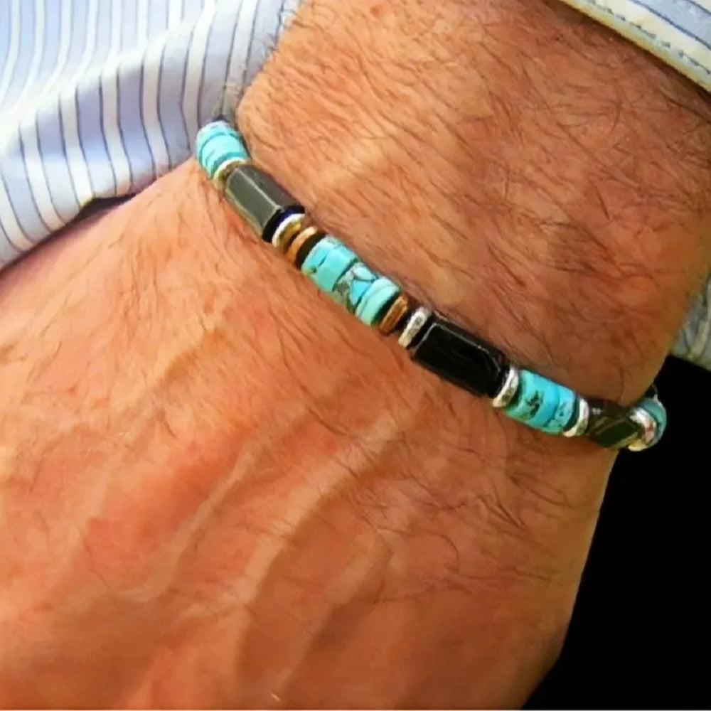 Retro Imitation Natural Blue Stone Bead Bracelet Fashion Men Summer Jewelry Trend Bohemian Accessories