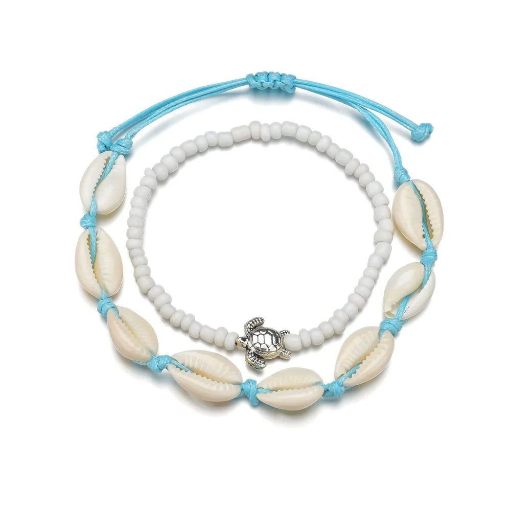 2pcs/set Summer Ocean Beach Anklet Bohemian Retro Turtle Beaded Handmade Anklet & Bracelet 2025 New Trendy Leg Foot Jewelry Gift