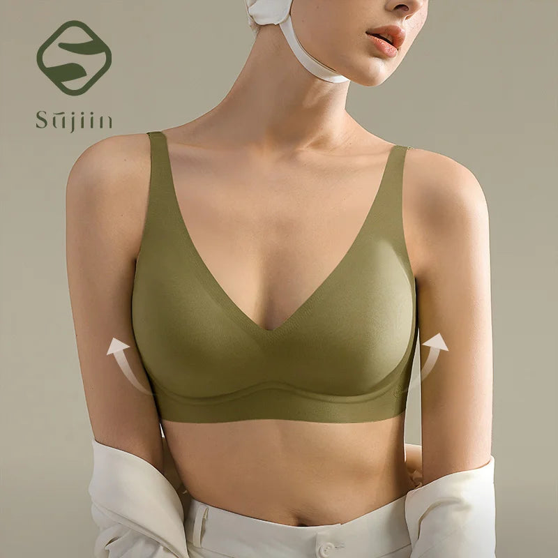 SUJIIN Sexy Push Up Bra - Seamless Wireless V Neck Bralette