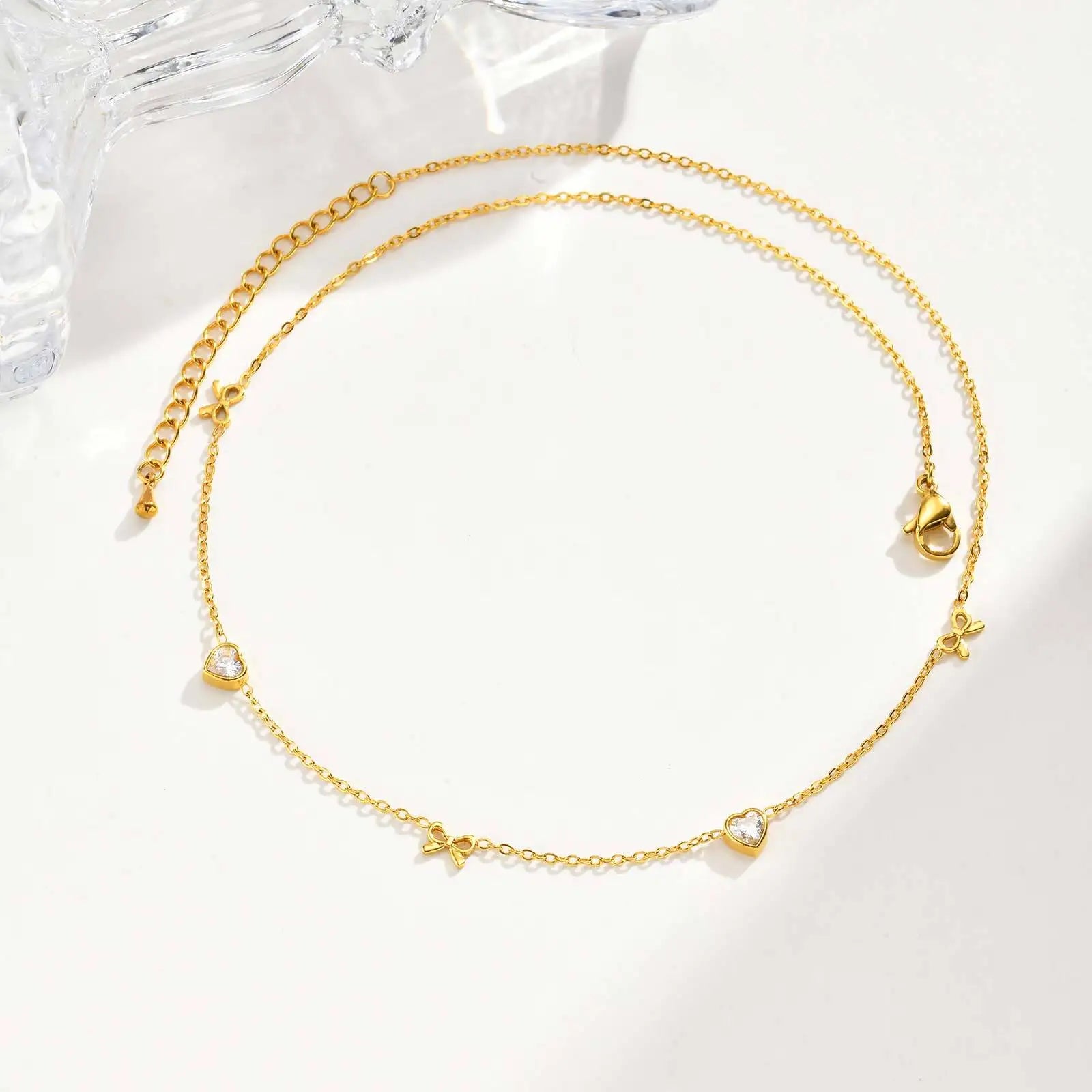 Stainless Steel Heart Cubic Zirconia Chain Necklace for Women, Bowknot Cherry Thin Link Chain Necklace Layered Jewelry
