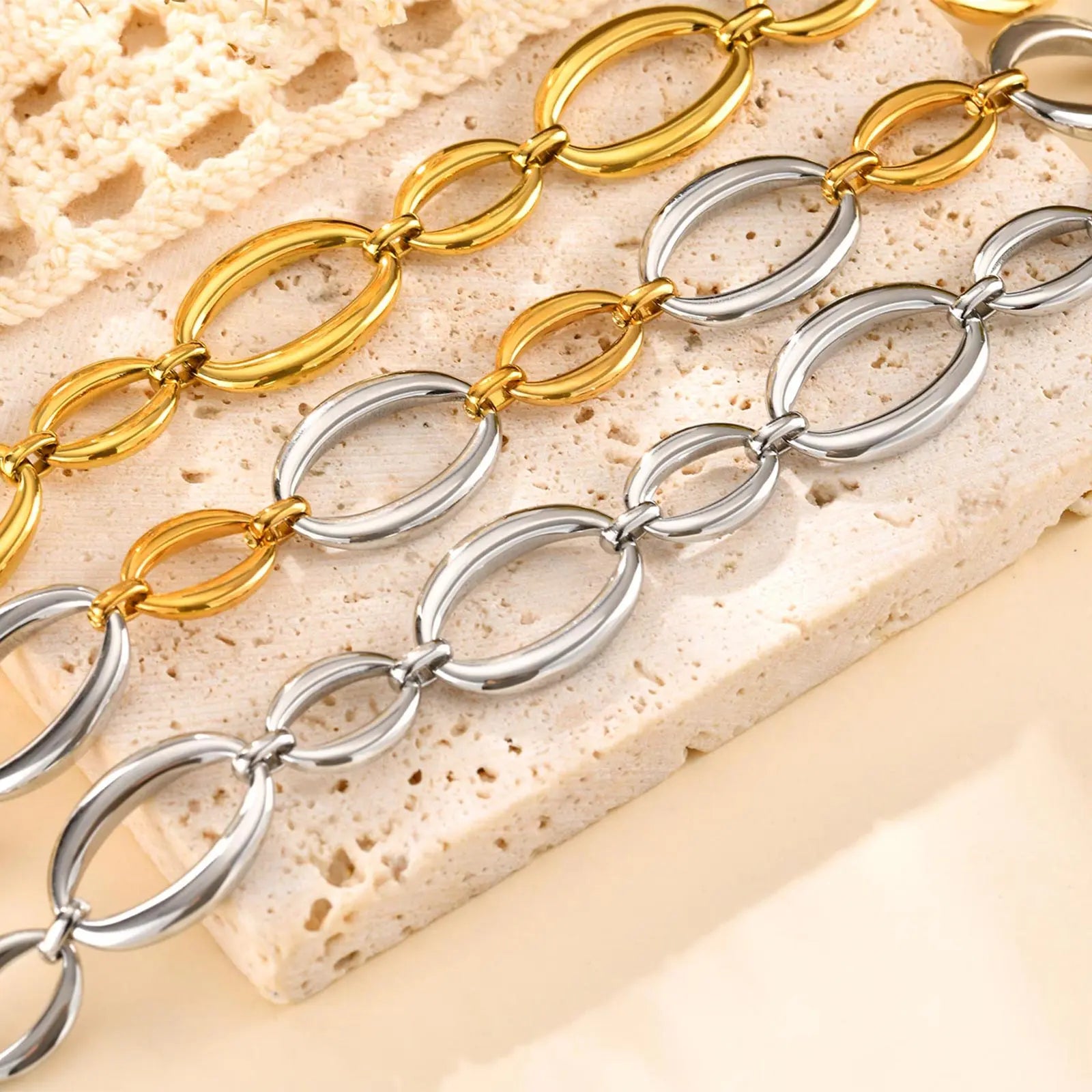 Minimalist Handmade Chain Bracelet for Women,Stainless Steel Oval Bracelets,Trendy Waterproof Jewelry Gift