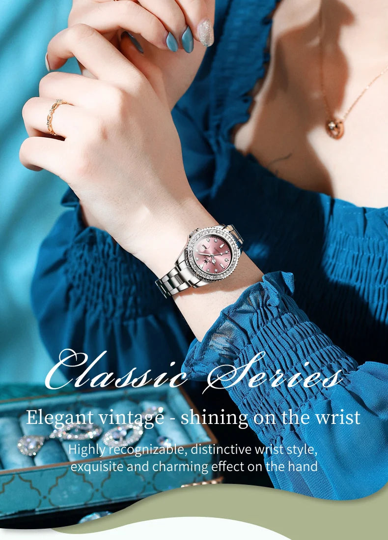OLEVS 9945 Top Brand Original Quartz Watch for Women Luxury Diamond Lap Calendar Hand Clock Stainless Steel Ladies Wristwatches