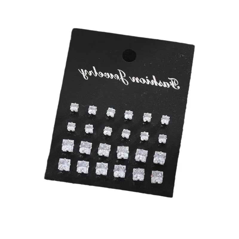 12 Pairs of Fashionable and Simple Square Zircon Earrings Set for Both Men and Women, Suitable for Daily Wear
