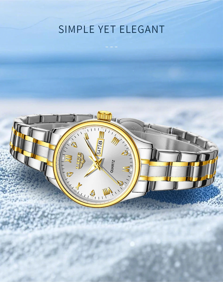 LIGE Women Wrist Watch Original Watches for Ladies Waterproof Stainless Steel Luxury Quartz Woman Wristwatch Diamond Dial Clock