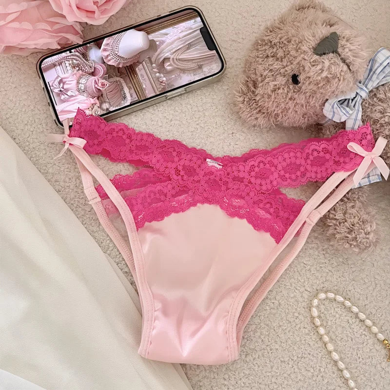 Cross Belt Lace Transparent Sexy Women's Underpants Low Waist Mesh Hollowed Bow Panties Cotton Crotch Breathable Briefs Lingerie