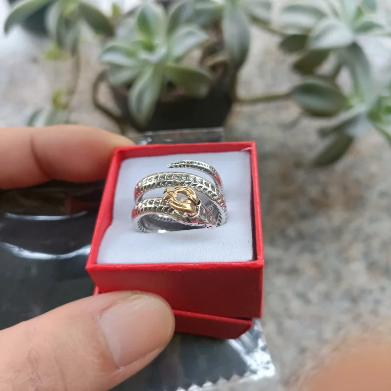 Buyee 925 Sterling Silver Male Big Ring Horned snake Open Ring Finger for Men Women Fashion Unique Rock Punk Fine Jewelry Circle