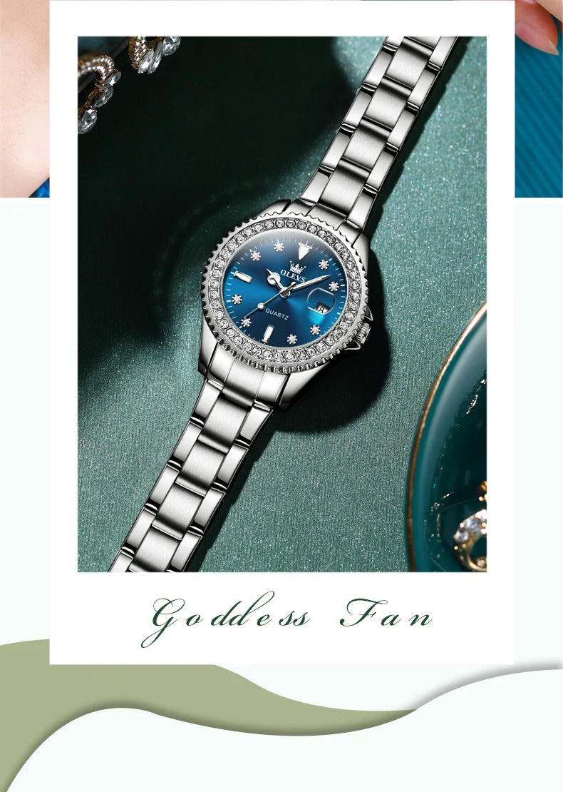 OLEVS 9945 Top Brand Original Quartz Watch for Women Luxury Diamond Lap Calendar Hand Clock Stainless Steel Ladies Wristwatches