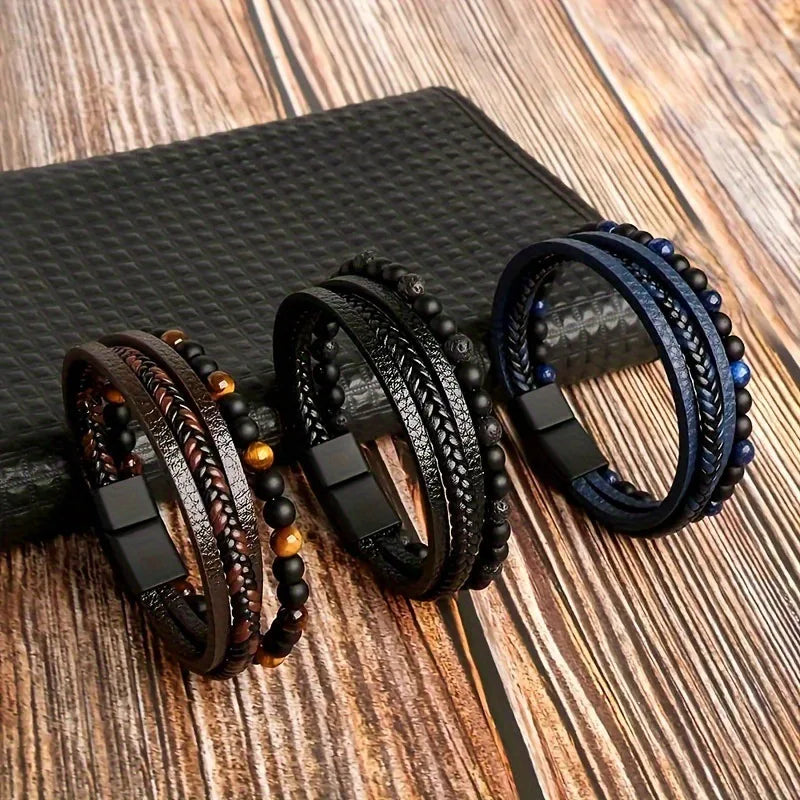 1PC Trendy Men's Accessories Alloy Magnetic Buckle Multi layer Retro Leather Rope Braided Bracelet Bracelet Fashion Dressing