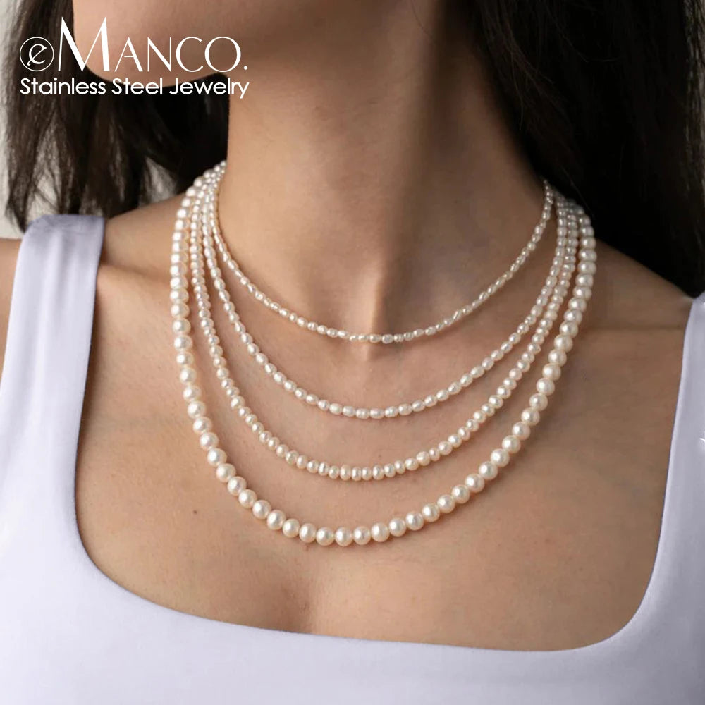 eManco New Imitation Pearl Necklaces Round Multi Size White Pearl Stainless Steel Necklace Women's Collarbone Chain